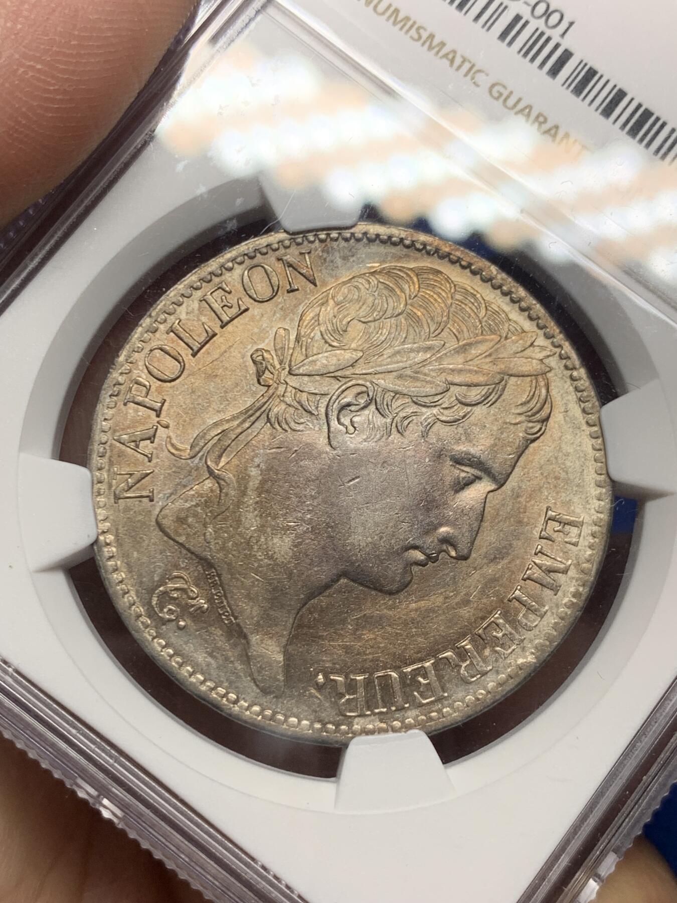 《竞宝斋》第269场- 周日，周一，周二  3场连拍 （全场包邮） NGC AU58 法国1811年拿破仑头像5法郎 原光深打好品