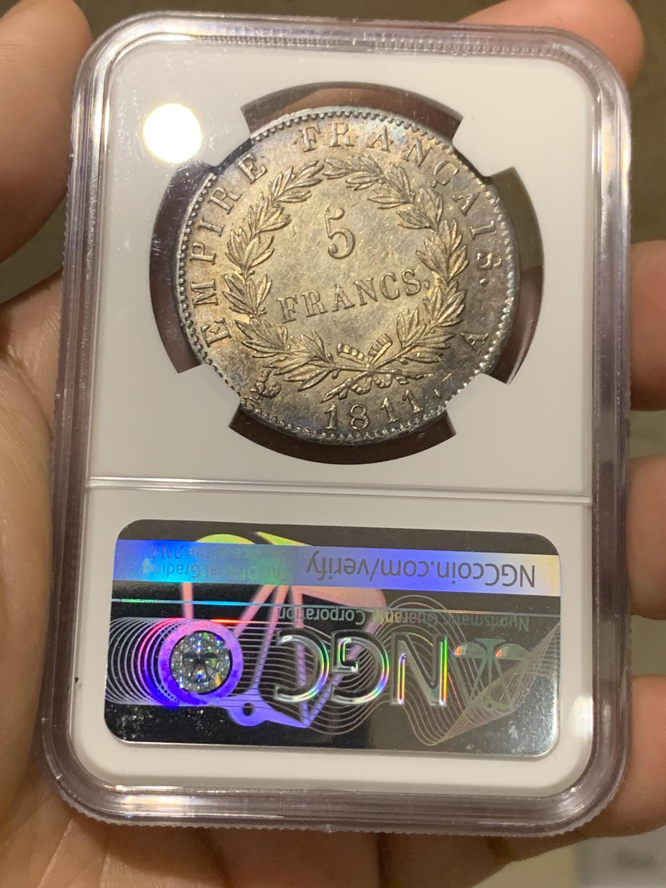 《竞宝斋》第269场- 周日，周一，周二  3场连拍 （全场包邮） NGC AU58 法国1811年拿破仑头像5法郎 原光深打好品