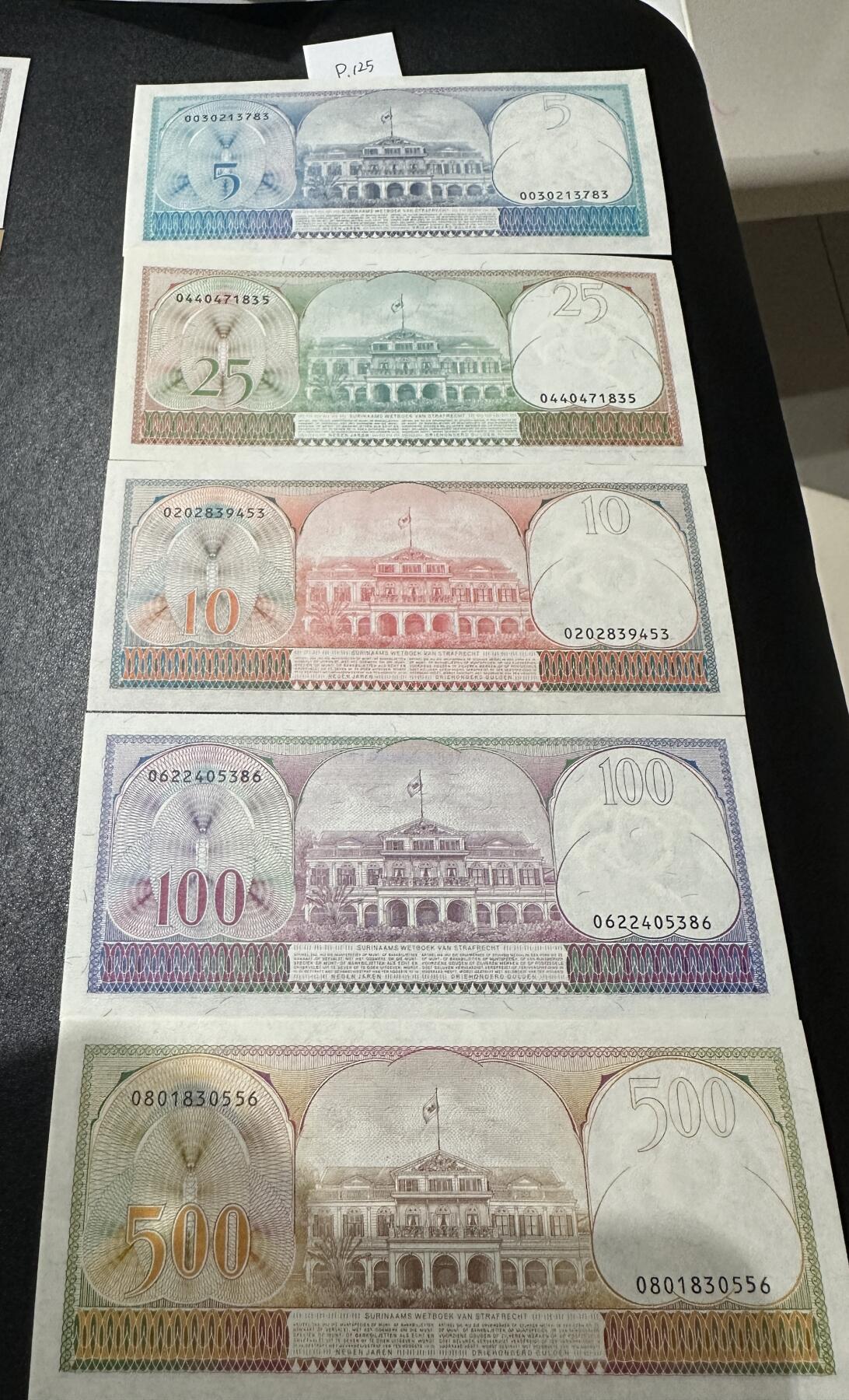 《外钞收藏家》第三百七十期（美洲纸币+其他） 苏里南1982-85年版套币，5/10/25/100/500盾，5枚难得的全套	P125-129 全新 两张极轻微潮