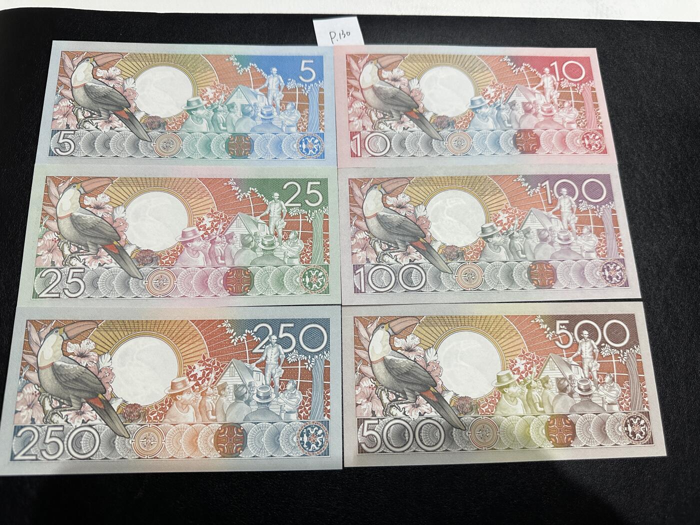 《外钞收藏家》第三百七十期（美洲纸币+其他） 苏里南1986-88年版套币，5/10/25/100/250/500盾，6枚难得的全套	P130-135 全新 个别极轻微潮 100有软折