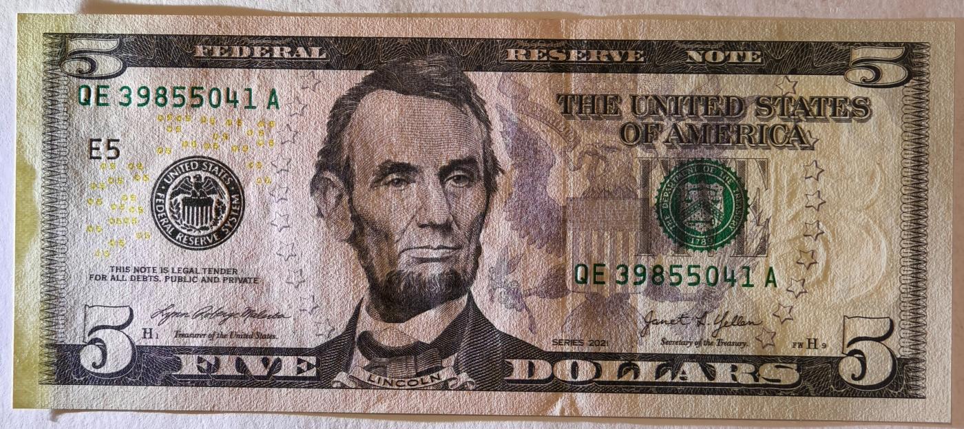 紫瑗钱币——第351期拍卖——纸币场 美国 2021年 E版 无序列 亚伯拉罕·林肯 5美元 彩色版 UNC