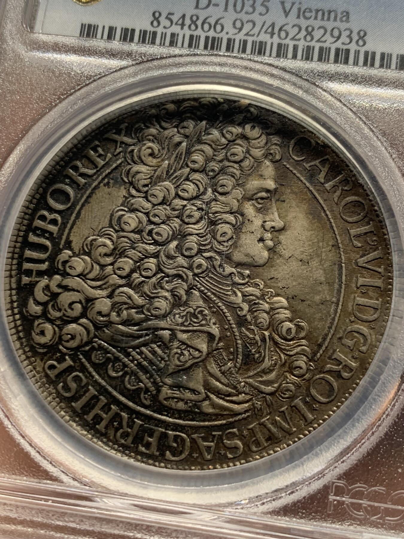 《竞宝斋》第269场- 周日，周一，周二  3场连拍 （全场包邮） PCGS AU 神圣罗马帝国 1712 查理六世 大波浪 泰勒银币 原味包浆 加厚盒装 少见头像 细节非常好