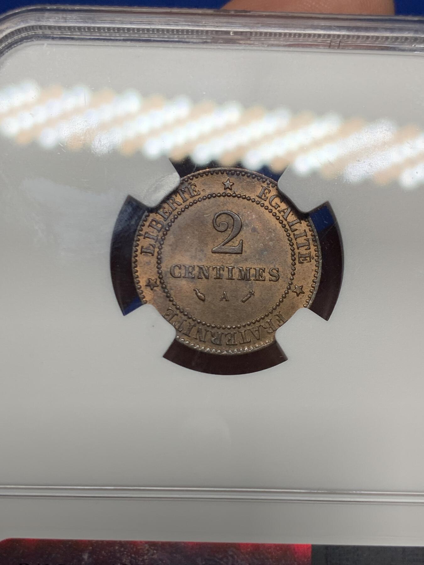 《竞宝斋》第269场- 周日，周一，周二  3场连拍 （全场包邮） NGC MS64BN 法国1886年谷物女神2C铜币 更高分仅一枚 亚军分