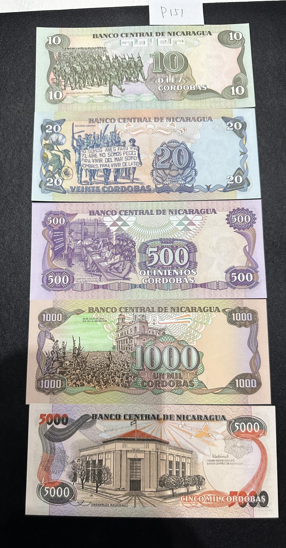《外钞收藏家》第三百七十期（美洲纸币+其他） 尼加拉瓜早期套币10/20/500/1000/5000，5枚	P151-157 全新 有两张极轻微潮