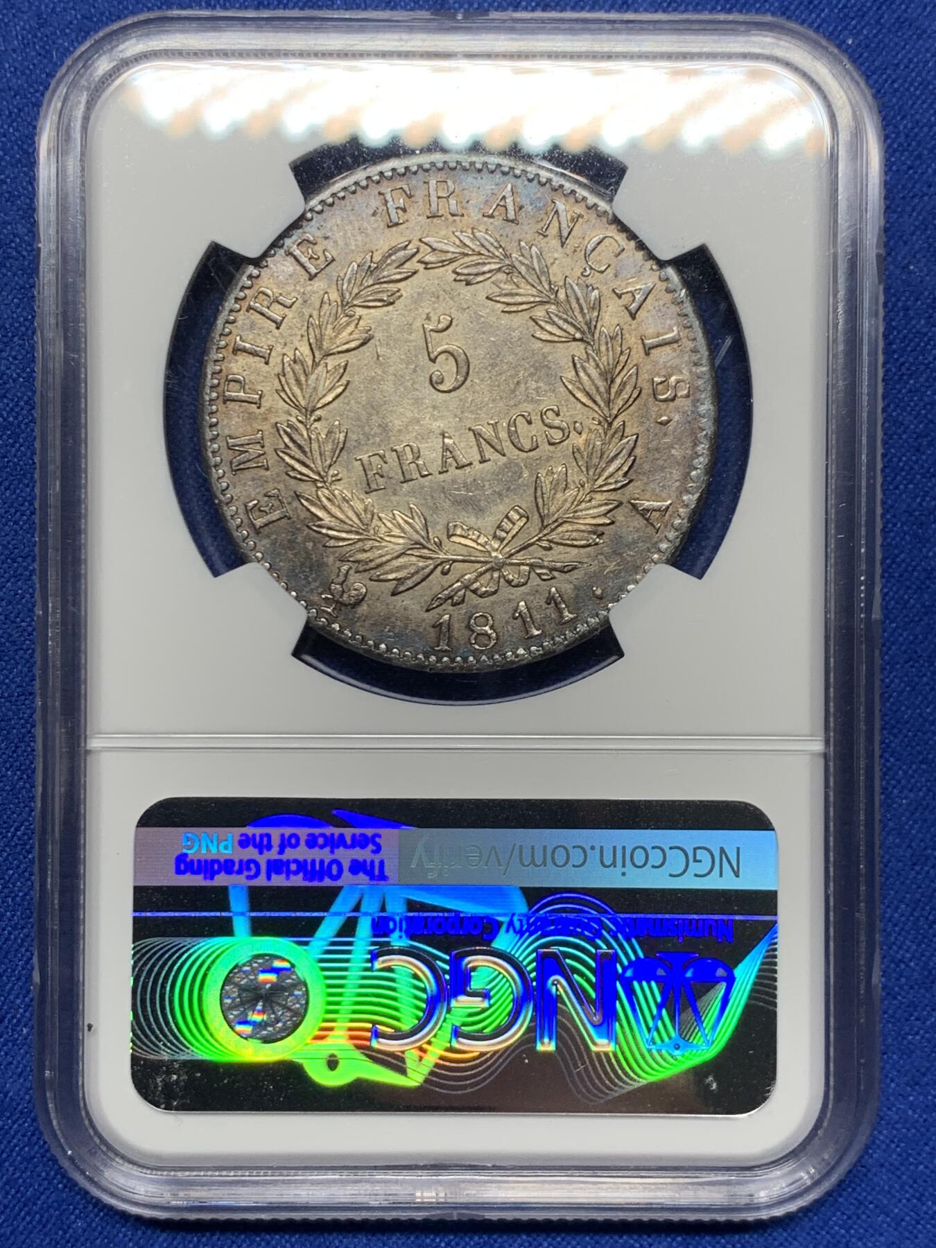《竞宝斋》第269场- 周日，周一，周二  3场连拍 （全场包邮） NGC AU58 法国1811年拿破仑头像5法郎 原光深打好品
