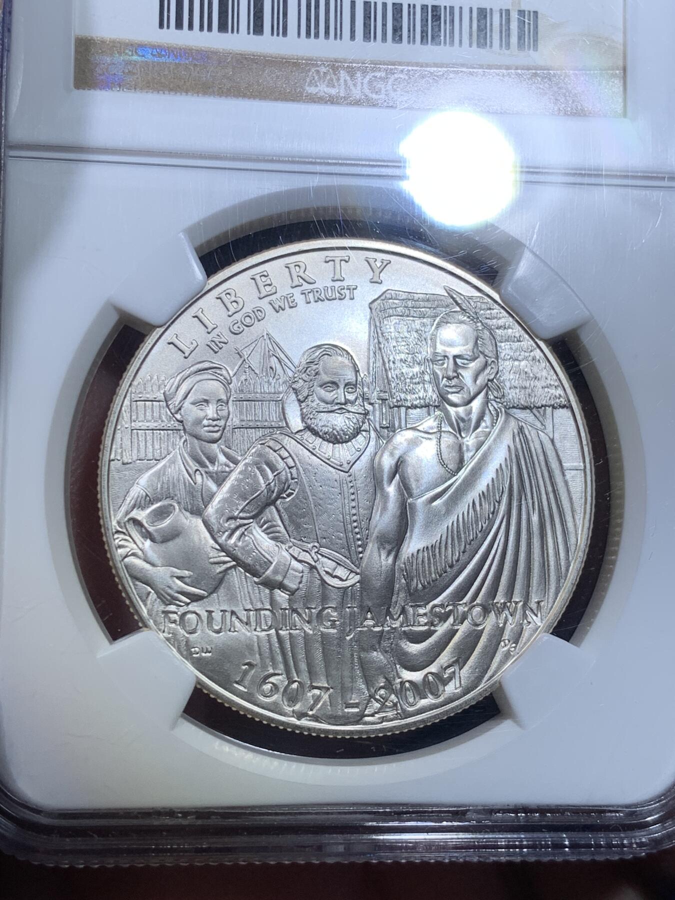 《竞宝斋》第269场- 周日，周一，周二  3场连拍 （全场包邮） NGC MS70 美国2007年詹姆斯敦建城400周年1美元磨砂银币 2009年度克劳斯世界硬币大奖赛之年度最佳历史意义银币 900银