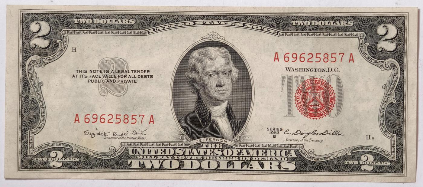 紫瑗钱币——第351期拍卖——纸币场 美国 1953年 B序列 托马斯·杰斐逊 2美元 红印 政府券 AU