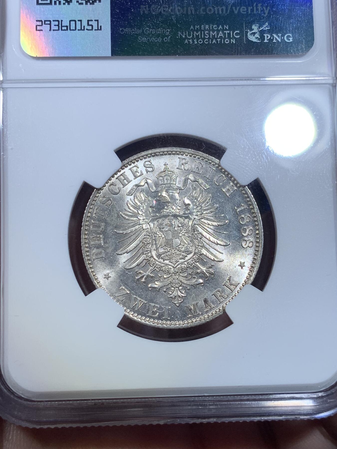 《竞宝斋》第269场- 周日，周一，周二  3场连拍 （全场包邮） NGC UNCD 德国普鲁士1888年短翅2马克银币 转光流畅