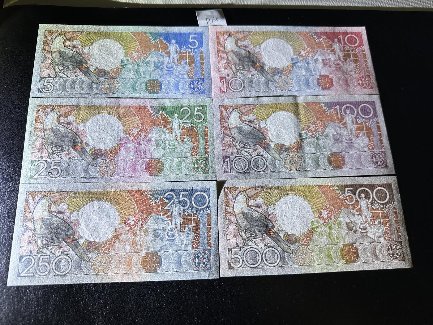 《外钞收藏家》第三百七十期（美洲纸币+其他） 苏里南1986-88年版套币，5/10/25/100/250/500盾，6枚难得的全套	P130-135 全新 个别极轻微潮 100有软折