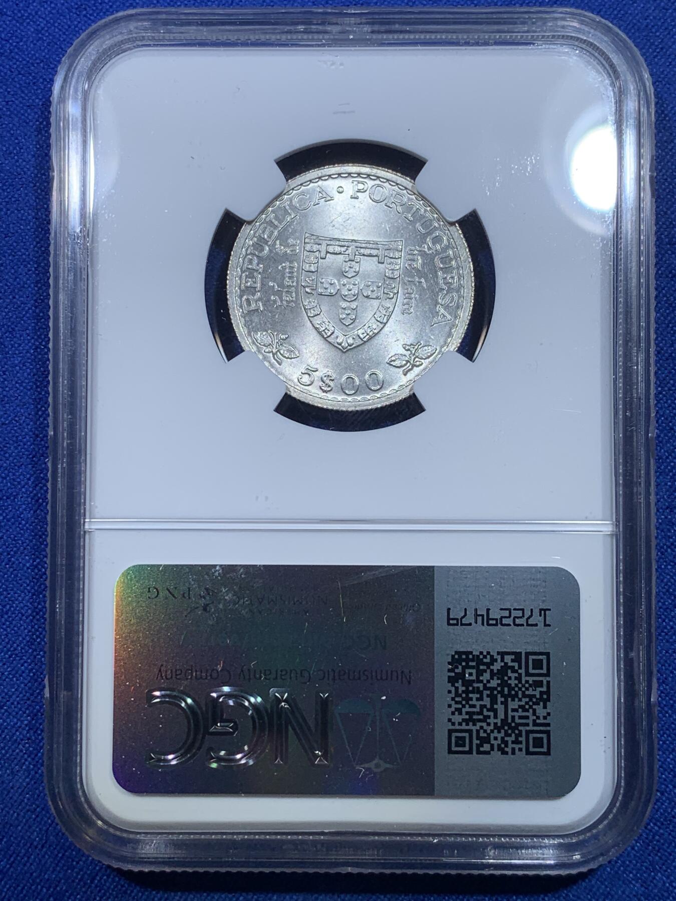 《竞宝斋》第269场- 周日，周一，周二  3场连拍 （全场包邮） NGC MS64 葡萄牙 1960年 亨利王子500周年 5埃斯库多 银币