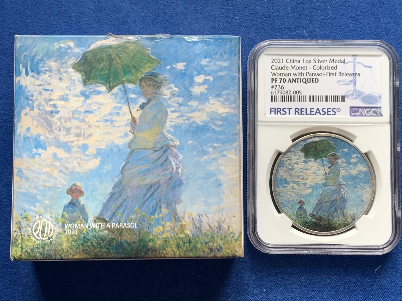 《竞宝斋》第269场- 周日，周一，周二  3场连拍 （全场包邮） NGC PF70 首期PCM世界名画系列之莫奈《撑阳伞的女人》彩色银章 1盎司999银 限量399枚 盒证齐全 31.1克 40.4mm
