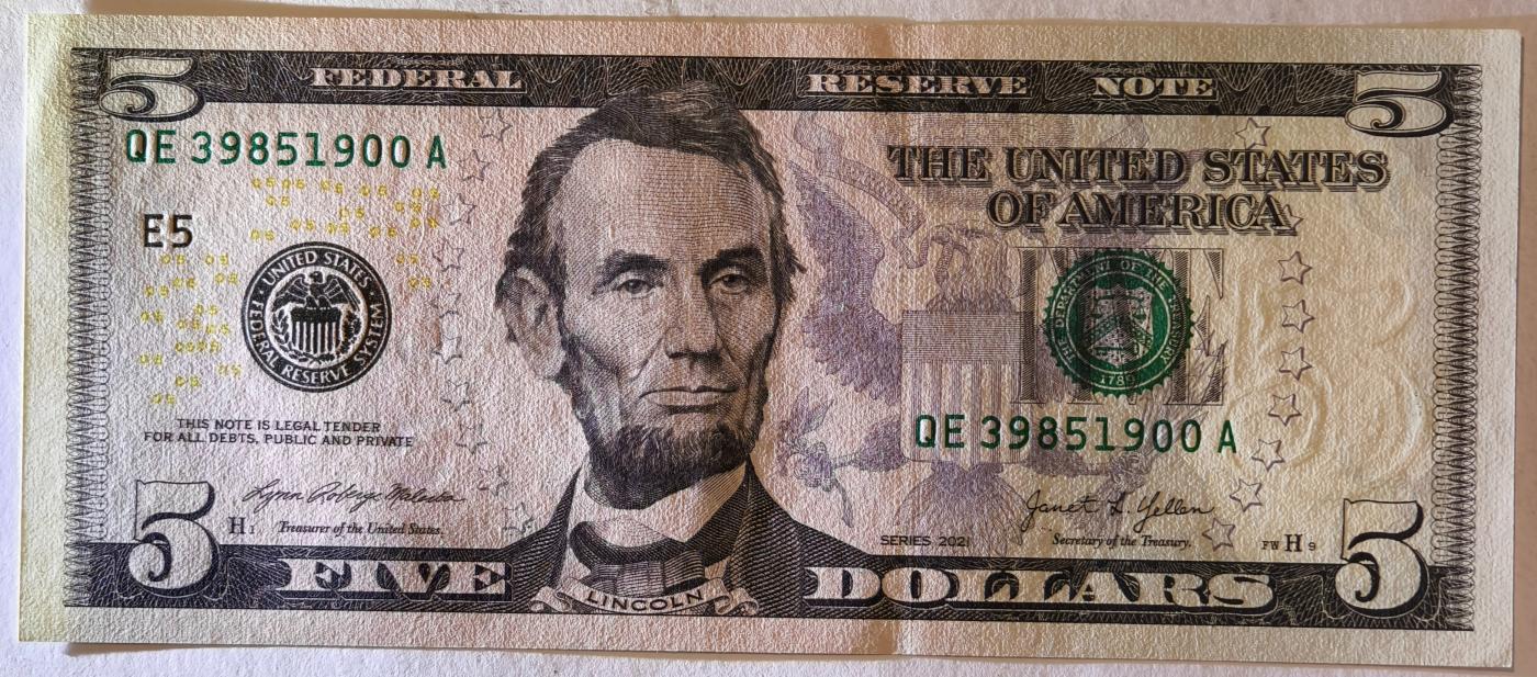 紫瑗钱币——第351期拍卖——纸币场 【双尾0】美国 2021年 E版 无序列 亚伯拉罕·林肯 5美元 彩色版 UNC