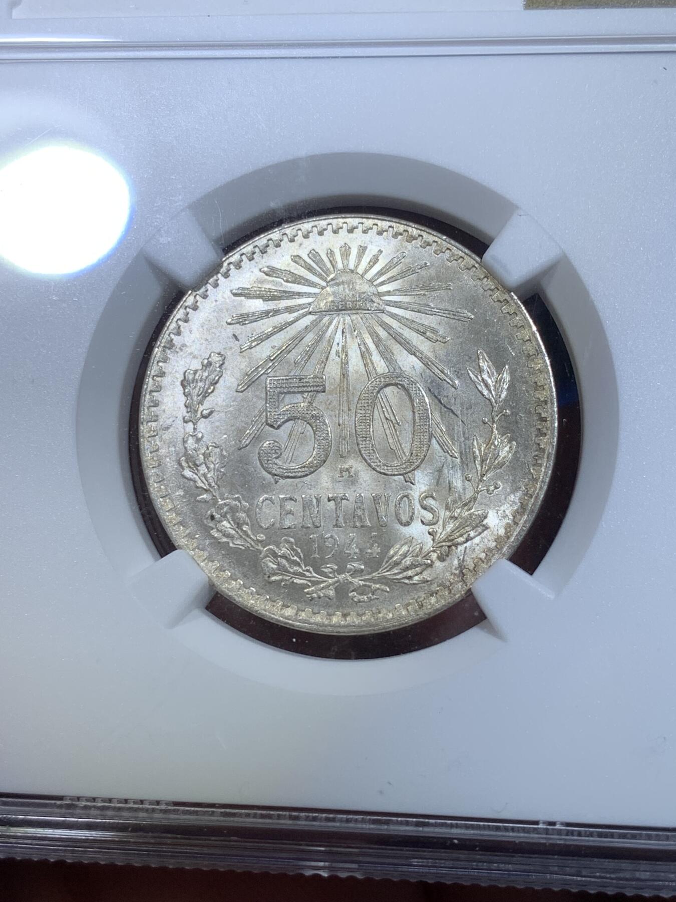 《竞宝斋》第269场- 周日，周一，周二  3场连拍 （全场包邮） NGC MS65 墨西哥 1944年 50分 银币