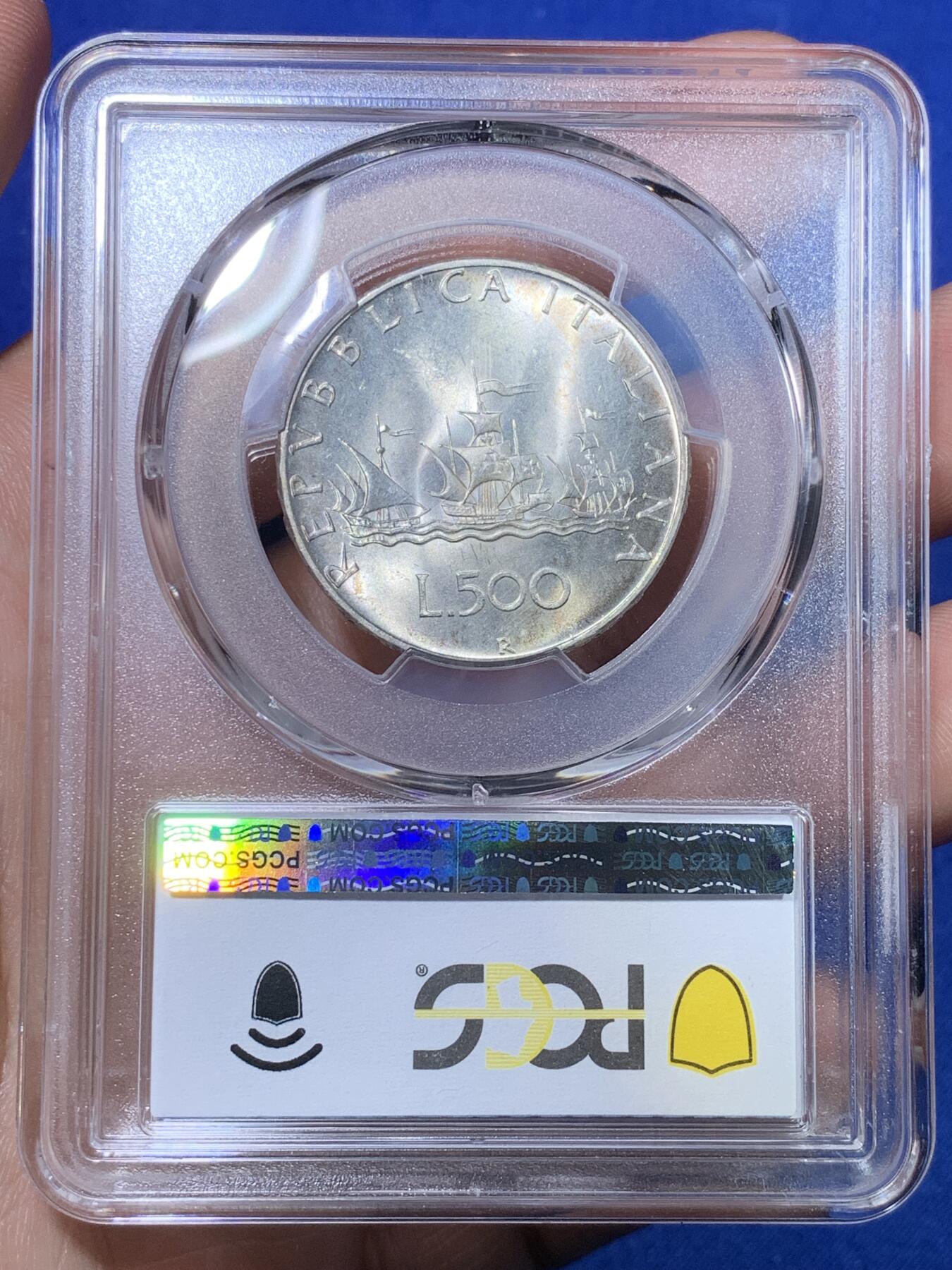 《竞宝斋》第269场- 周日，周一，周二  3场连拍 （全场包邮） PCGS MS65 意大利1966年500里拉人妻帆船银币 单面紫罗兰彩