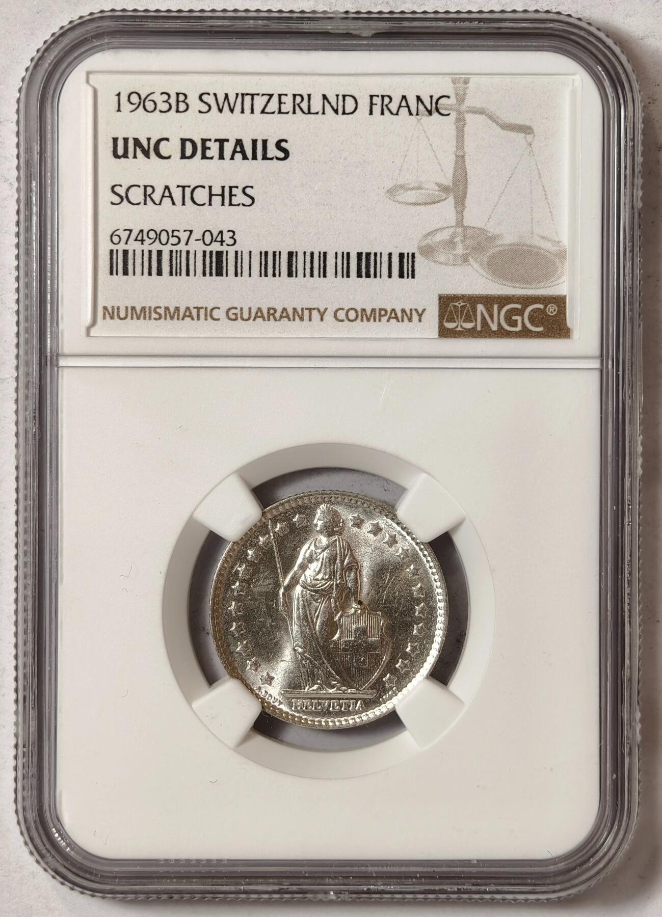 紫瑗钱币——第352期拍卖 瑞士 1963年 B版 赫尔维蒂亚 1法郎 银币 NGC UNC Detail