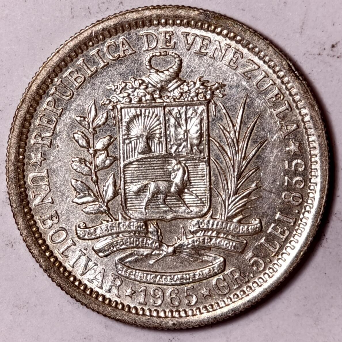 紫瑗钱币——第352期拍卖 委内瑞拉 1965年 1玻利瓦尔 5克 0.835银 UNC