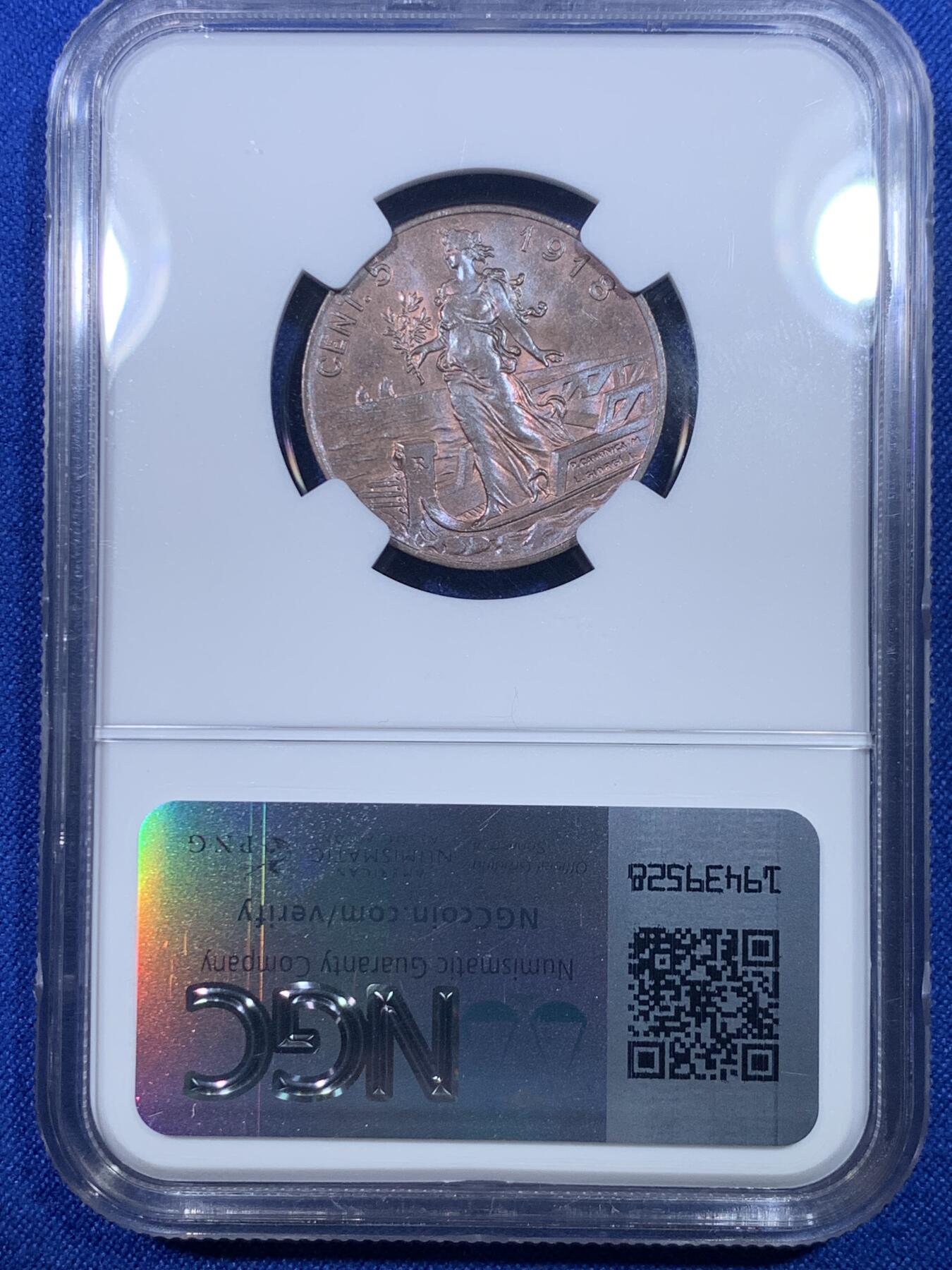 《竞宝斋》第269场- 周日，周一，周二  3场连拍 （全场包邮） NGC MS63BN 意大利1918年拿花女神5分铜币 拿花系列铜币最大面值 此前62分竞宝斋540元不含佣成交 拿花真的漂亮 艺术性无以伦比