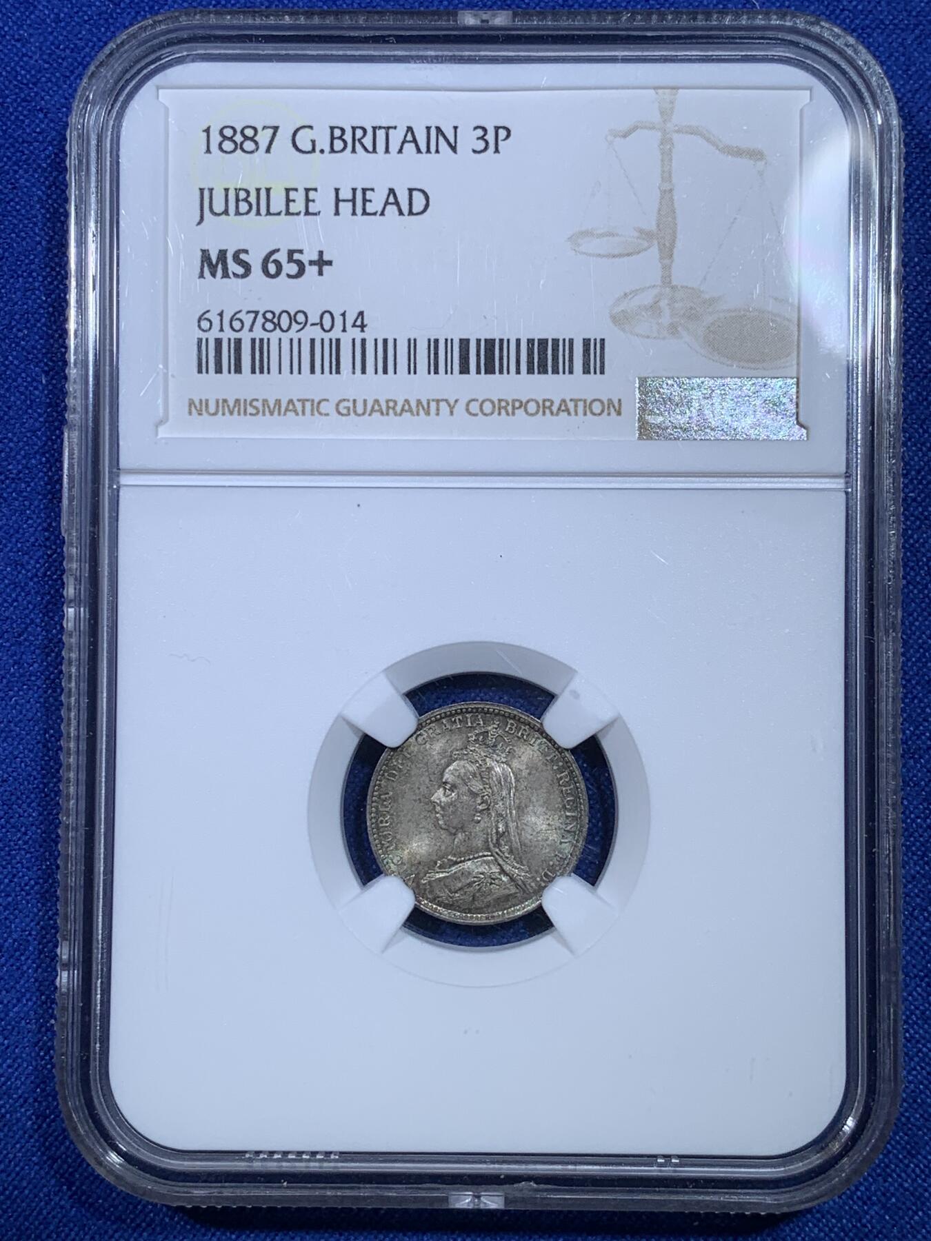 《竞宝斋》第269场- 周日，周一，周二  3场连拍 （全场包邮） NGC MS65+ 英国1887年维多利亚高冠3便士银币 高分极致五彩