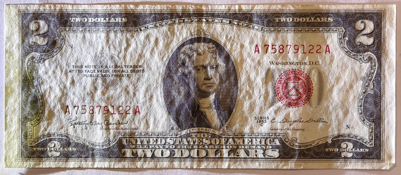 紫瑗钱币——第351期拍卖——纸币场 【双尾2】美国 1953年 B序列 托马斯·杰斐逊 2美元 红印 政府券 AU