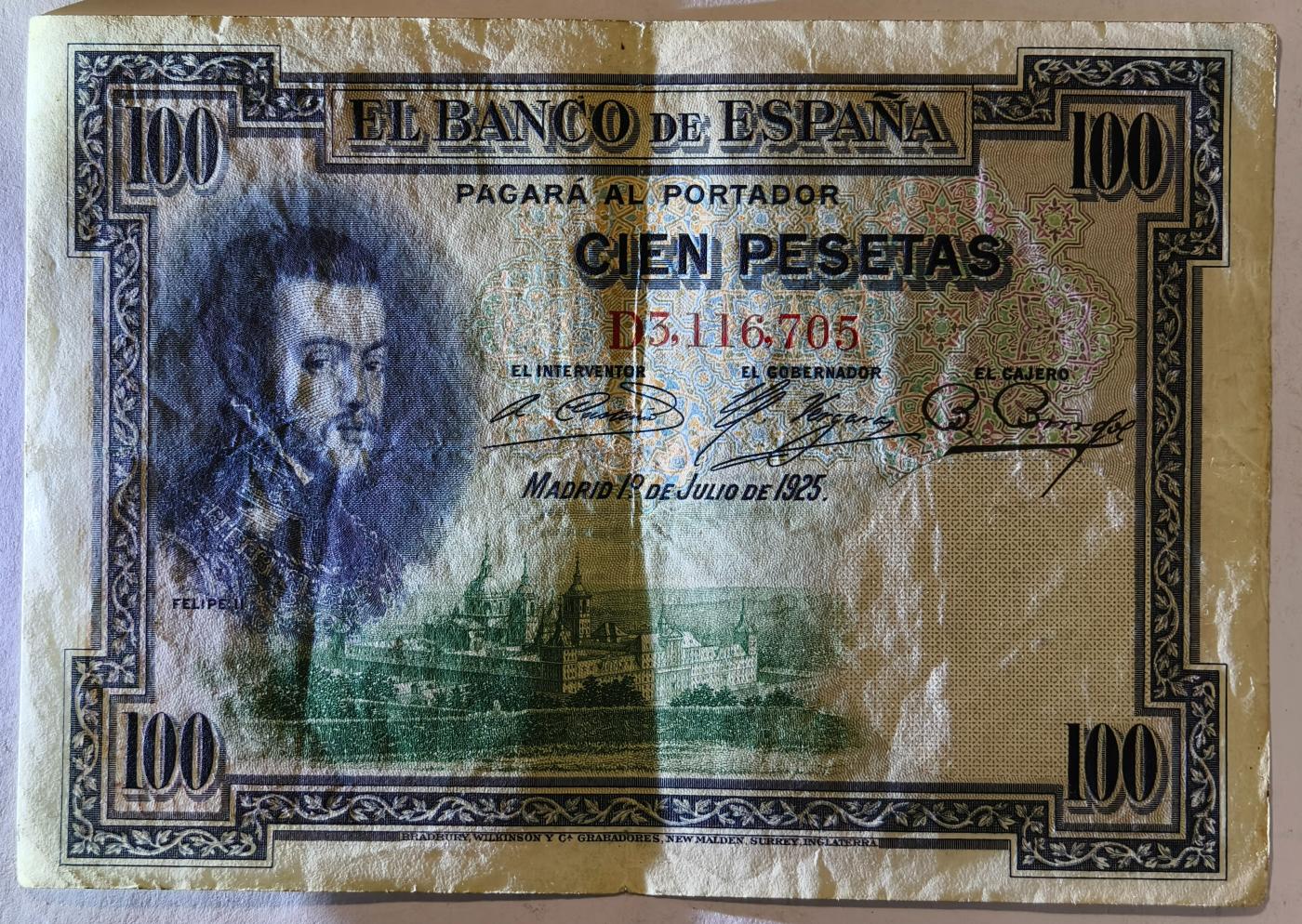 紫瑗钱币——第351期拍卖——纸币场 西班牙 1925年 油画《腓力二世的座椅》 100比塞塔 AU 