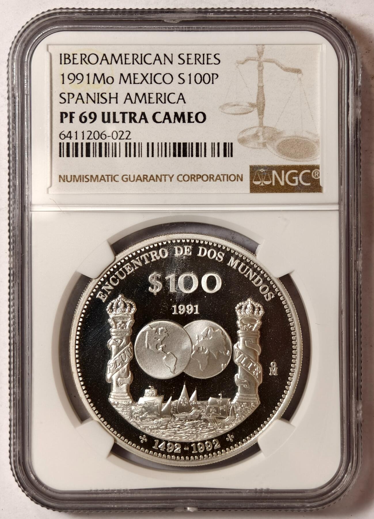 紫瑗钱币——第352期拍卖 墨西哥 1991年 伊比利亚-美洲 地球双柱 100比索 银币 NGC PR69 UC
