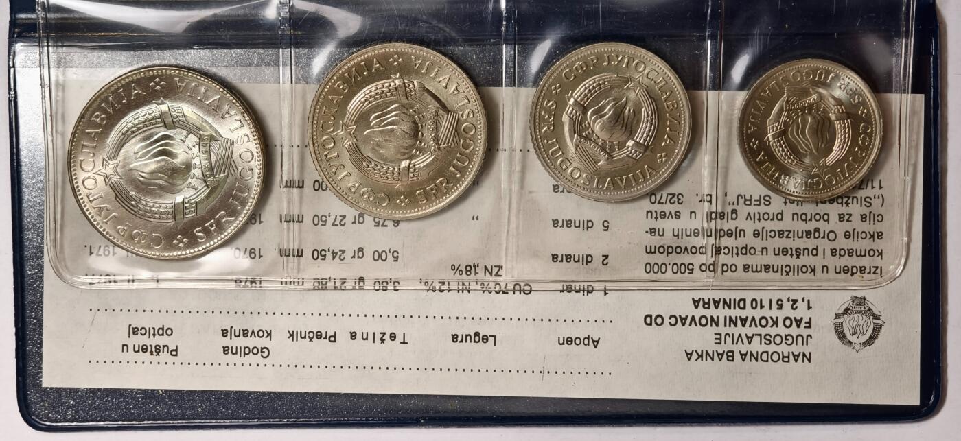 紫瑗钱币——第352期拍卖 南斯拉夫 1970年/1976年 世界粮仓组织FAO 1 2 5 10 第纳尔 UNC 纪念币 4枚套 原包装