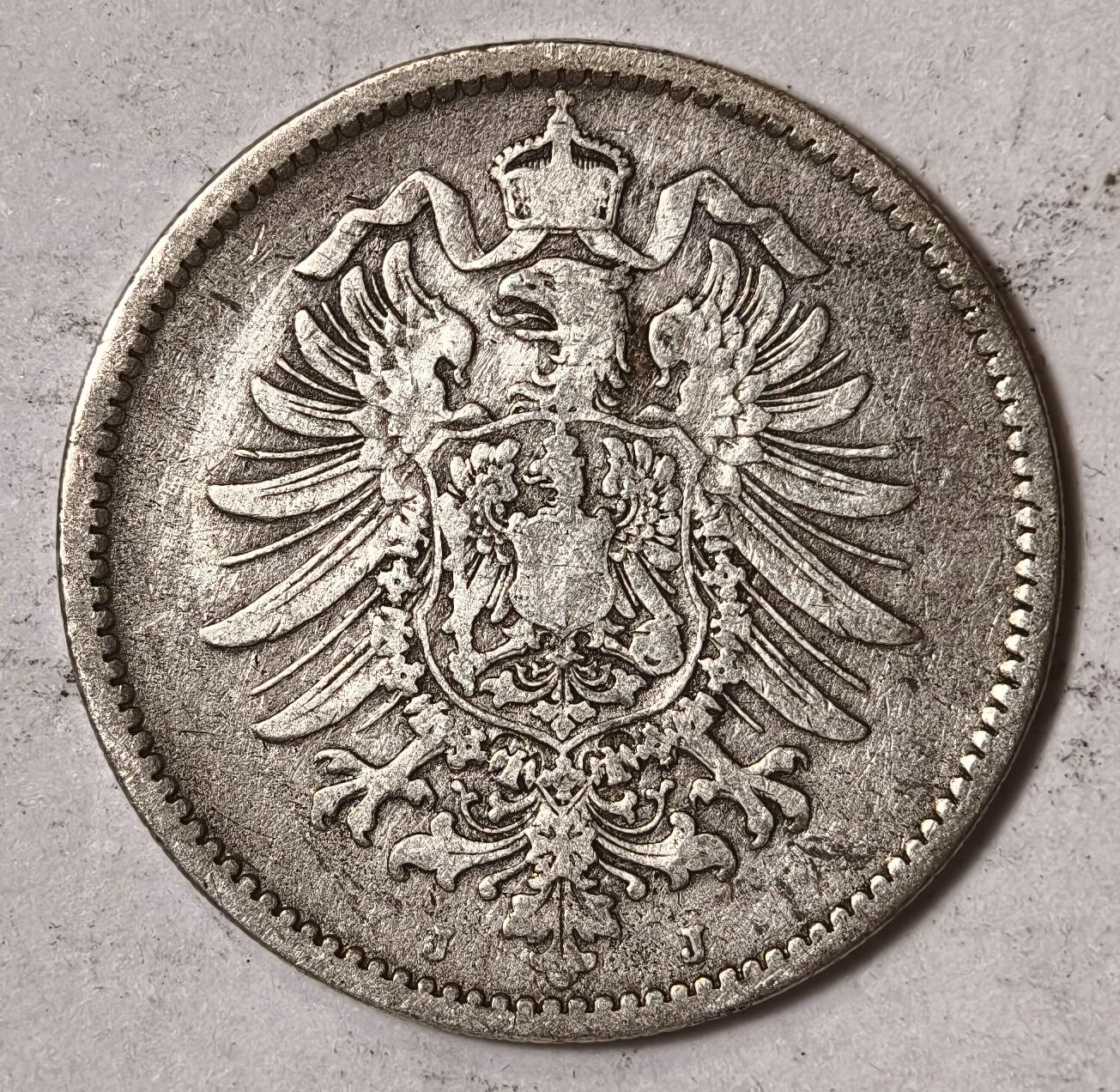 紫瑗钱币——第352期拍卖 德国 1875年 J版 第二帝国 短翅 1马克 5.5克 0.9银