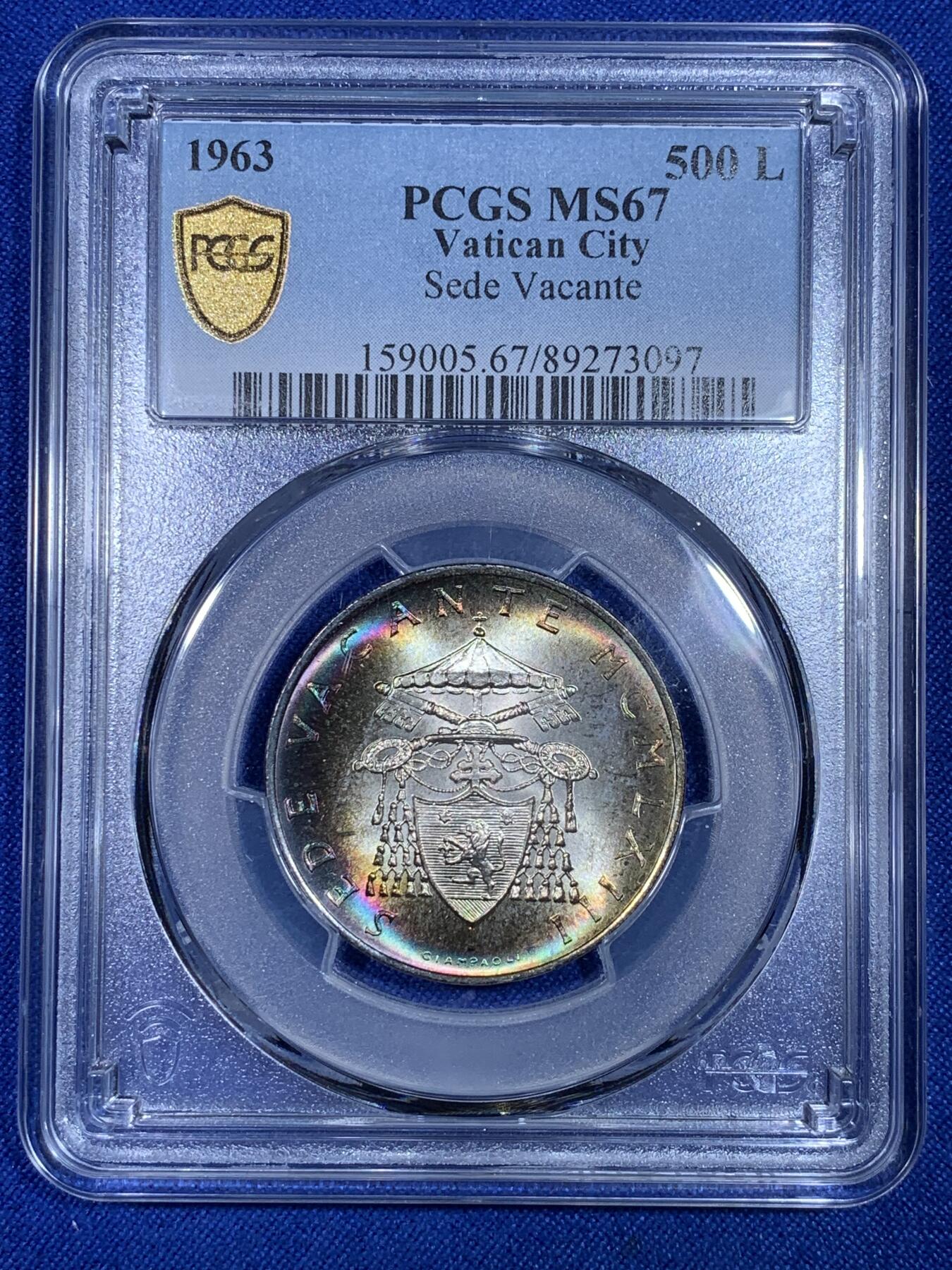 《竞宝斋》第269场- 周日，周一，周二  3场连拍 （全场包邮） PCGS MS67 梵蒂冈1963年缺位500里拉银币 高分亚军分 单面环彩