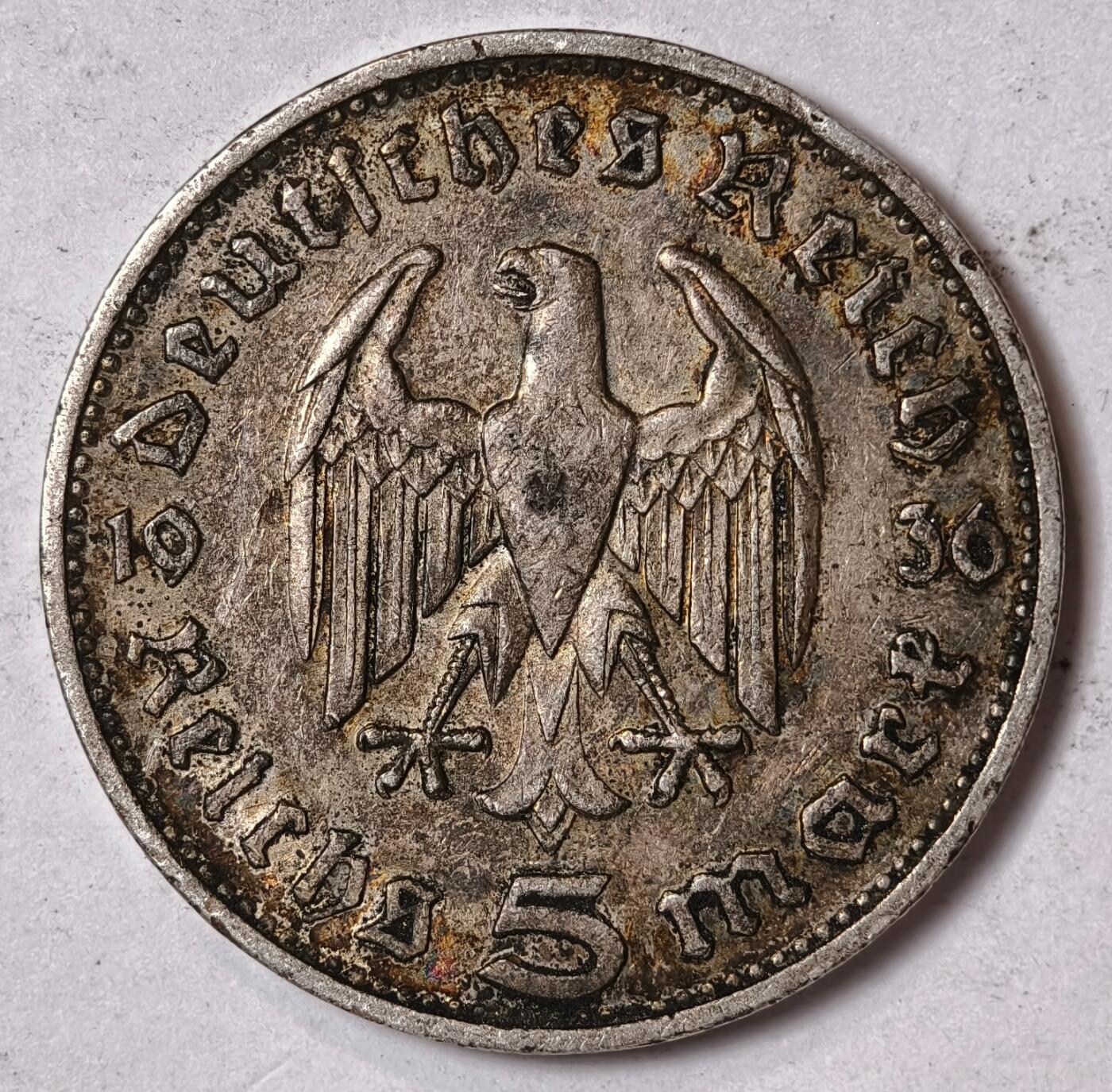 紫瑗钱币——第352期拍卖 德国 1936年 J版 兴登堡  5马克 13.9克 0.9银