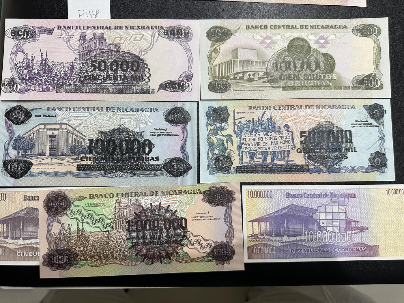 《外钞收藏家》第三百七十期（美洲纸币+其他） 尼加拉瓜紧急版5万/5万/10万/10万/50万/100万/1000万，7枚	P148-166 全新 个别轻微潮