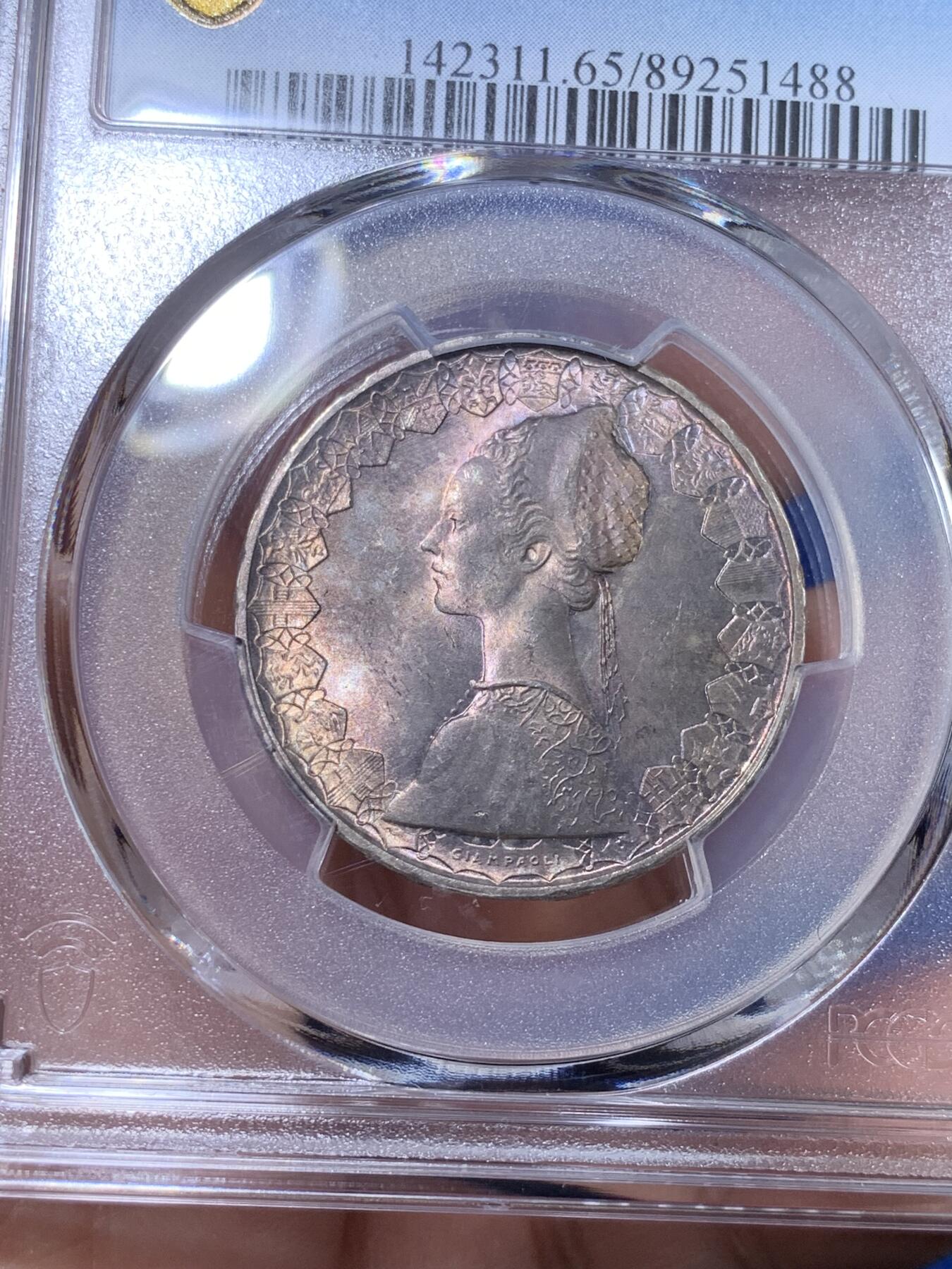 《竞宝斋》第269场- 周日，周一，周二  3场连拍 （全场包邮） PCGS MS65 意大利1966年500里拉人妻帆船银币 单面紫罗兰彩