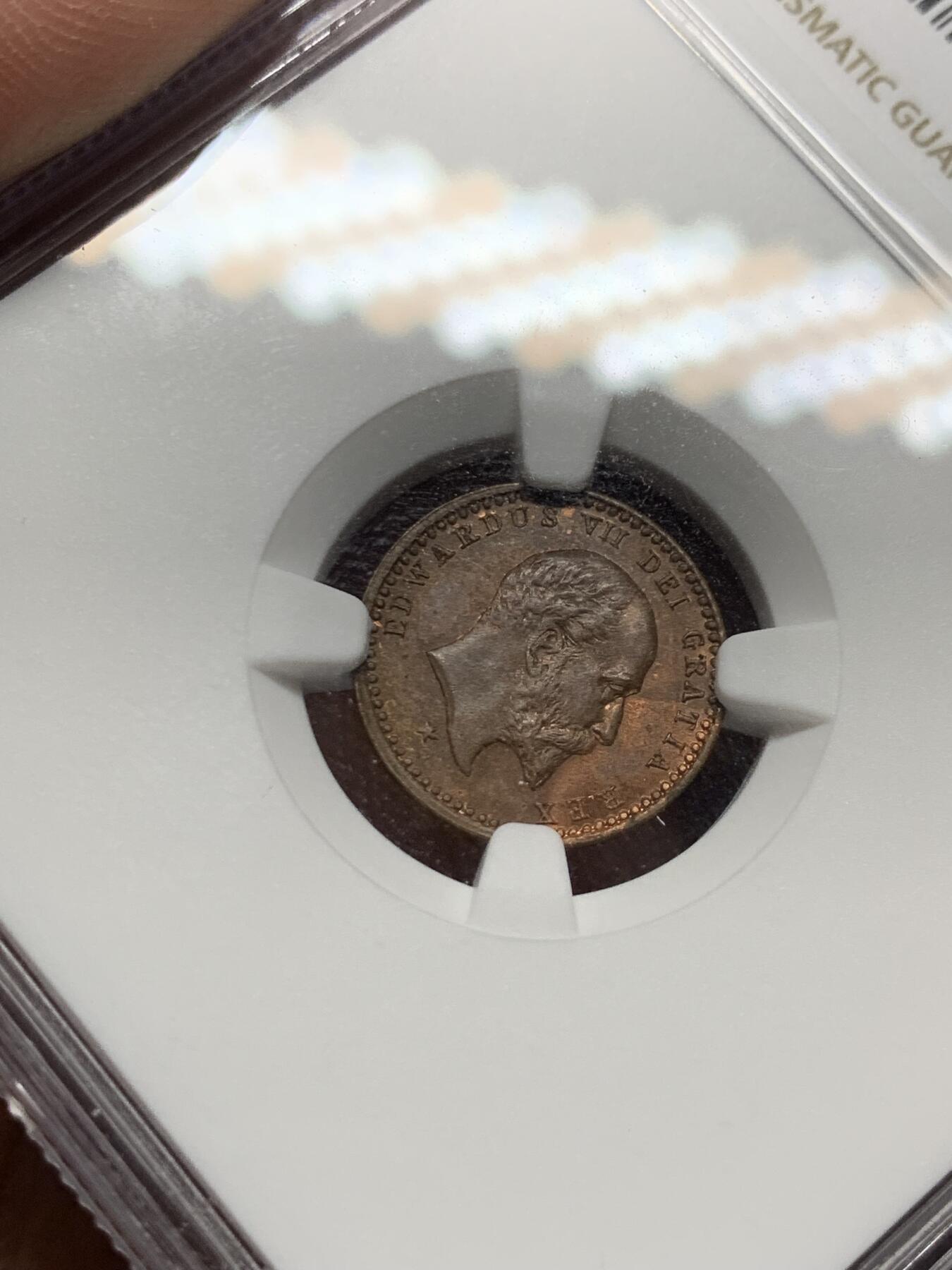 《竞宝斋》第269场- 周日，周一，周二  3场连拍 （全场包邮） NGC MS63BN 英国1902年爱德华七世登基纪念半法新铜币 最小的马剑