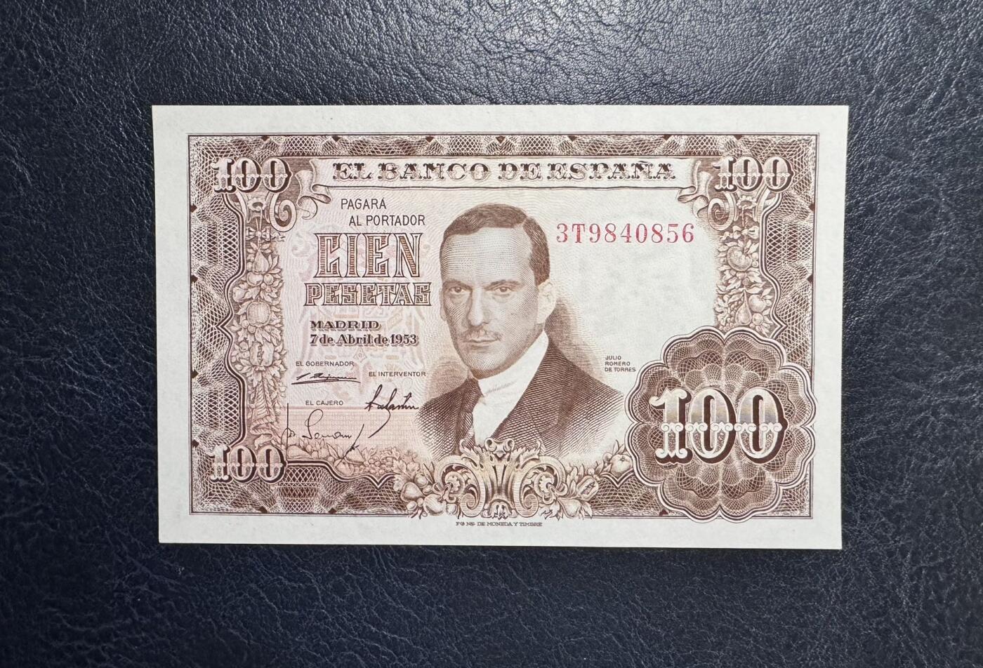 收藏联盟Quantum Auction 第347期拍卖  西班牙1955年100比塞塔 品相UNC 水印处轻微点钞痕  名模冈萨雷斯画像