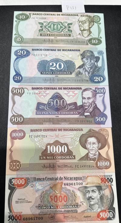 《外钞收藏家》第三百七十期（美洲纸币+其他） - 尼加拉瓜早期套币10/20/500/1000/5000，5枚	P151-157 全新 有两张极轻微潮