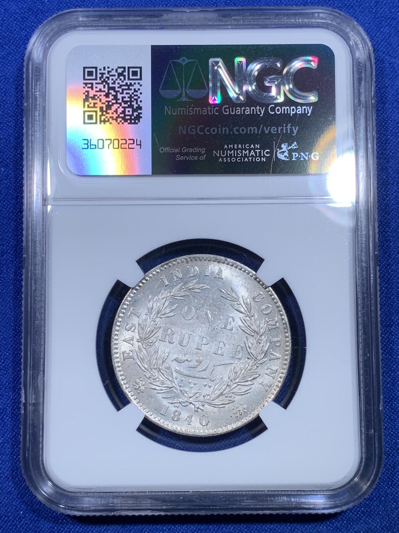 《竞宝斋》第269场- 周日，周一，周二  3场连拍 （全场包邮） NGC MS61 英属印度1840年维多利亚双辫版1卢比银币 状态好感觉有点低评