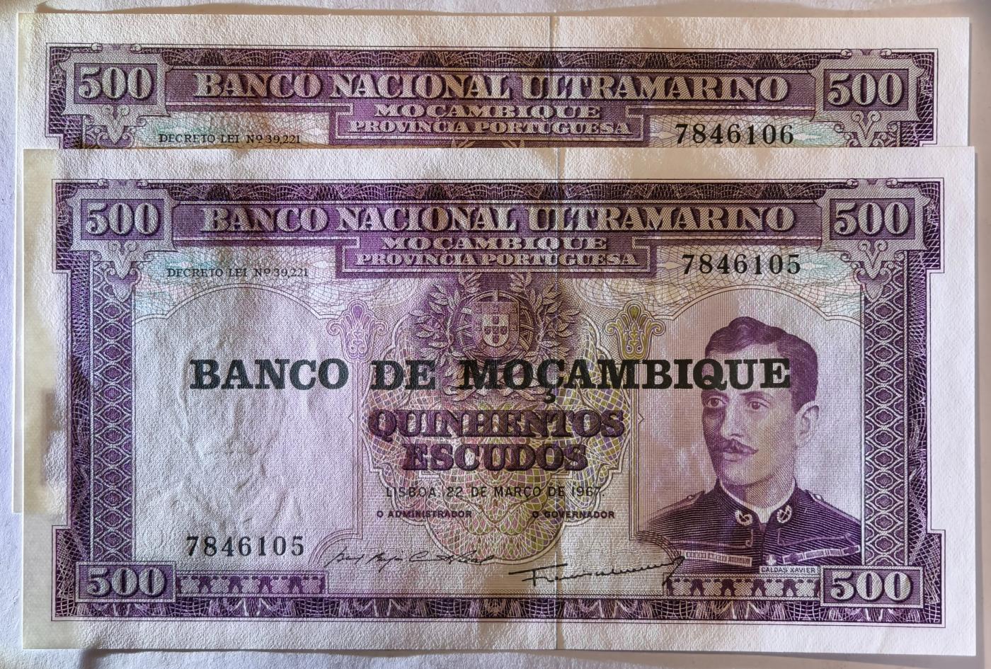 紫瑗钱币——第351期拍卖——纸币场 葡属莫桑比克 1967年 500埃斯库多 加盖 2张一组 UNC