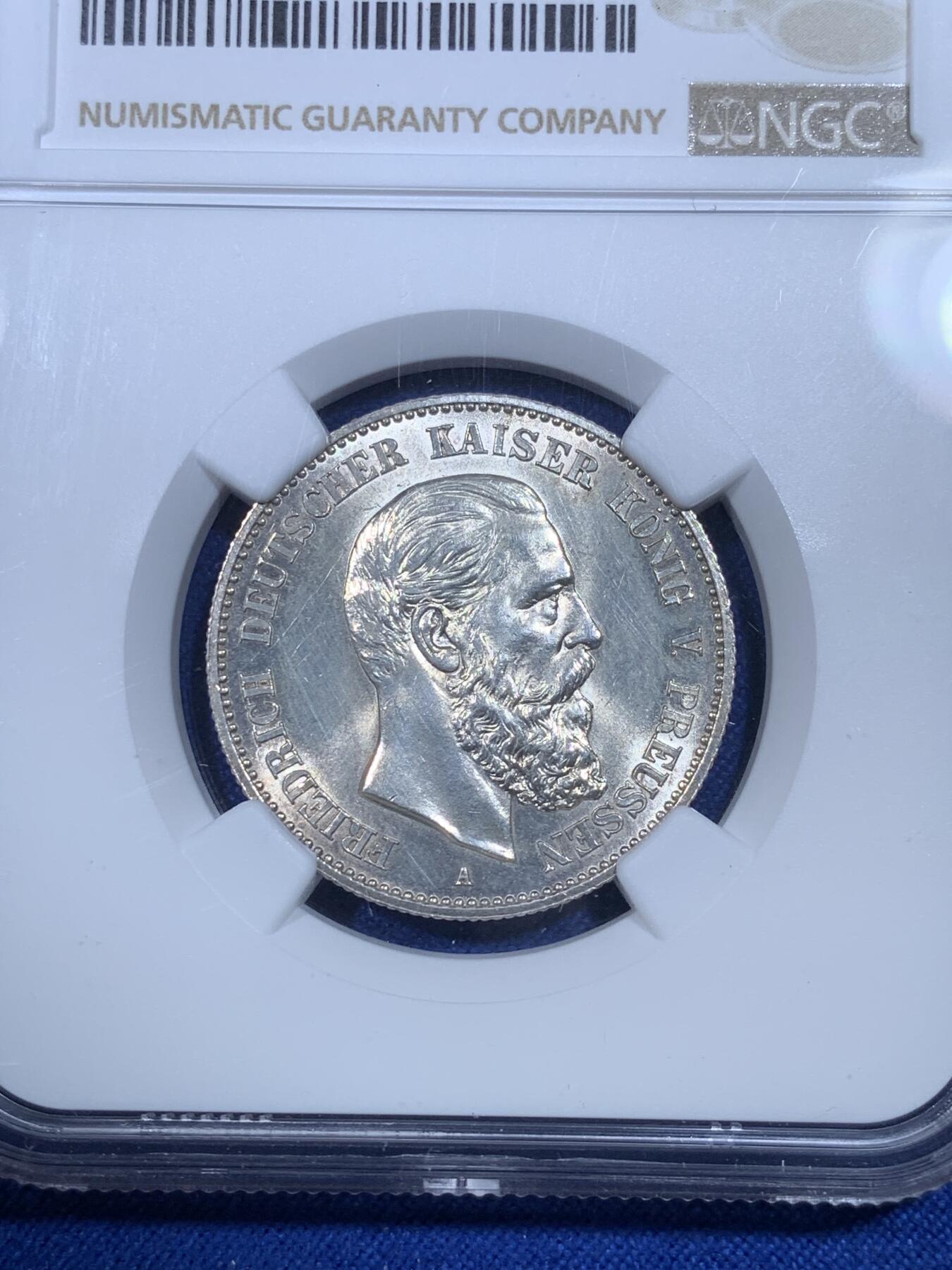 《竞宝斋》第269场- 周日，周一，周二  3场连拍 （全场包邮） NGC UNCD 德国普鲁士1888年短翅2马克银币 转光流畅