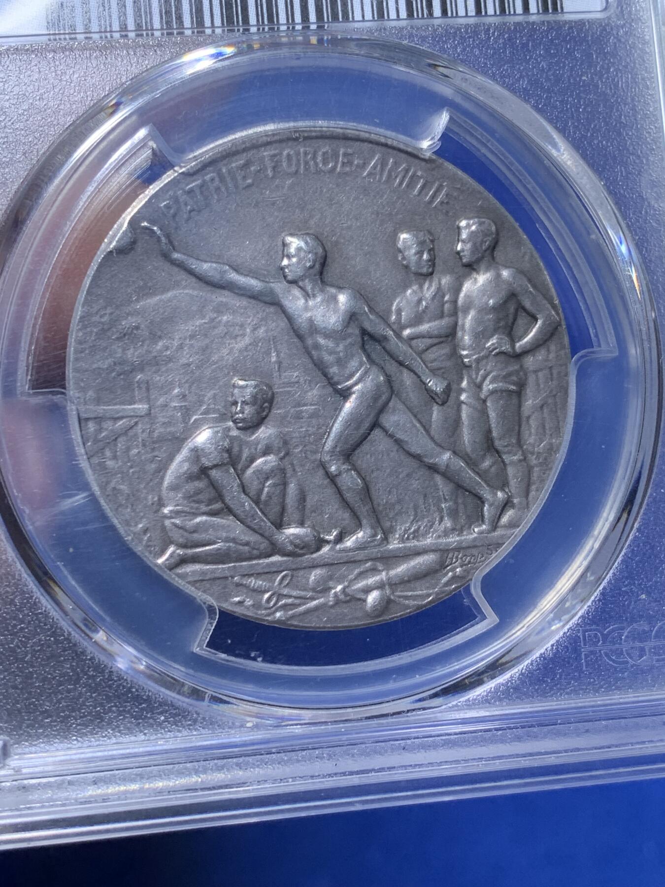 《竞宝斋》第269场- 周日，周一，周二  3场连拍 （全场包邮） PCGS SP63 1900年瑞士拉绍德封体育节纪念银章 生动形象