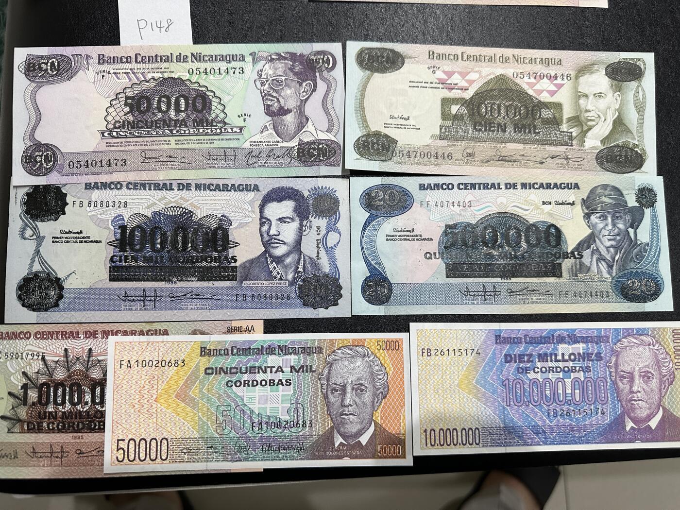 《外钞收藏家》第三百七十期（美洲纸币+其他） 尼加拉瓜紧急版5万/5万/10万/10万/50万/100万/1000万，7枚	P148-166 全新 个别轻微潮