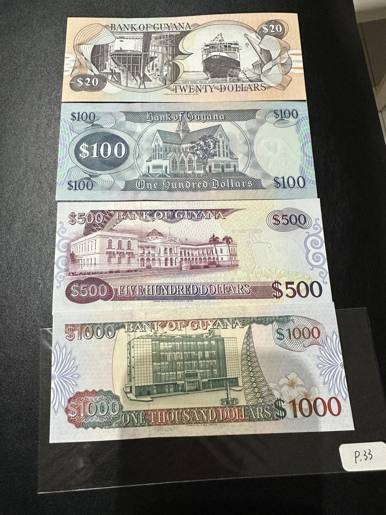 《外钞收藏家》第三百七十期（美洲纸币+其他） 圭亚那1996渐变号码版，20/100/500/1000元，4枚难得的全套	P30-33 全新