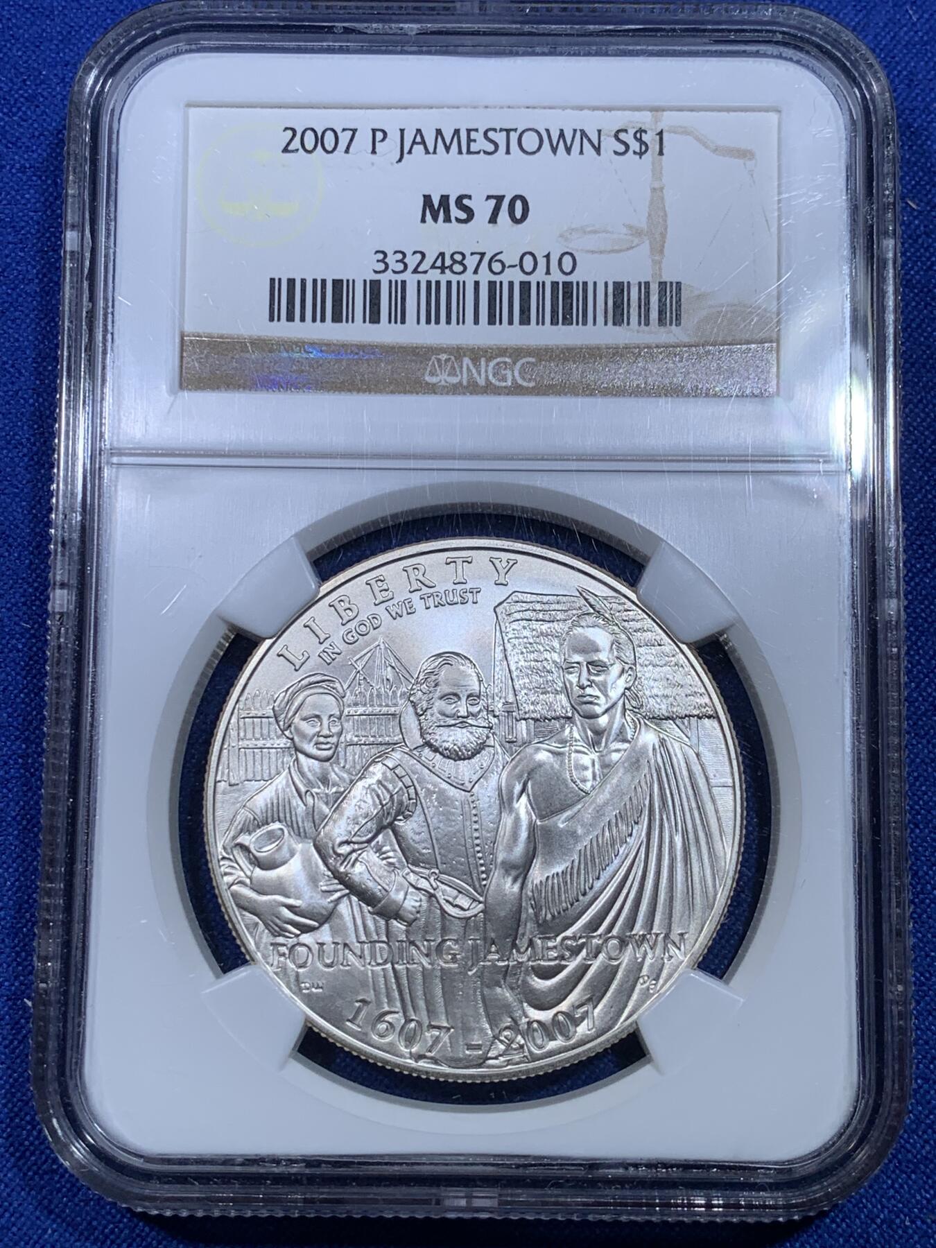 《竞宝斋》第269场- 周日，周一，周二  3场连拍 （全场包邮） NGC MS70 美国2007年詹姆斯敦建城400周年1美元磨砂银币 2009年度克劳斯世界硬币大奖赛之年度最佳历史意义银币 900银