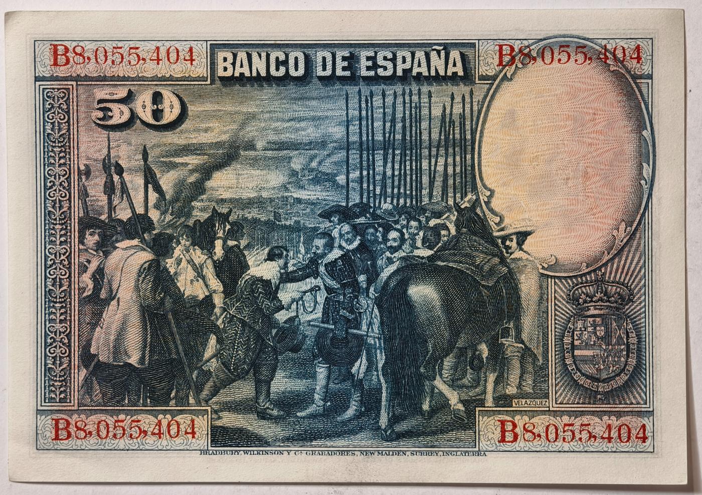 紫瑗钱币——第351期拍卖——纸币场 西班牙 1928年 油画《布雷达的献城》50比塞塔 UNC-