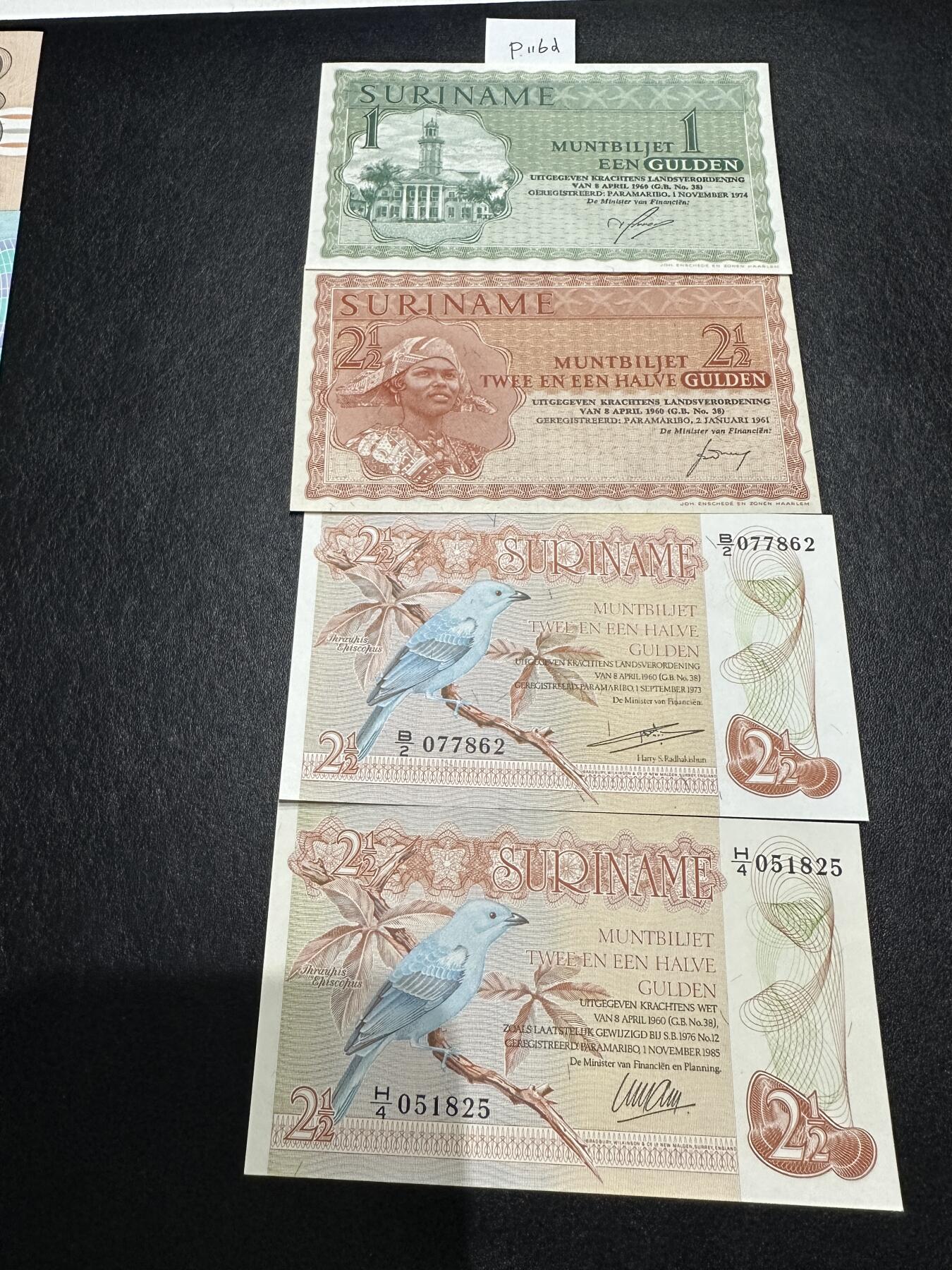 《外钞收藏家》第三百七十期（美洲纸币+其他） 苏里南早期套币，1/2.5/2.5/2.5盾，4枚难得的全套	P116-119 全新 荧光几乎没问题