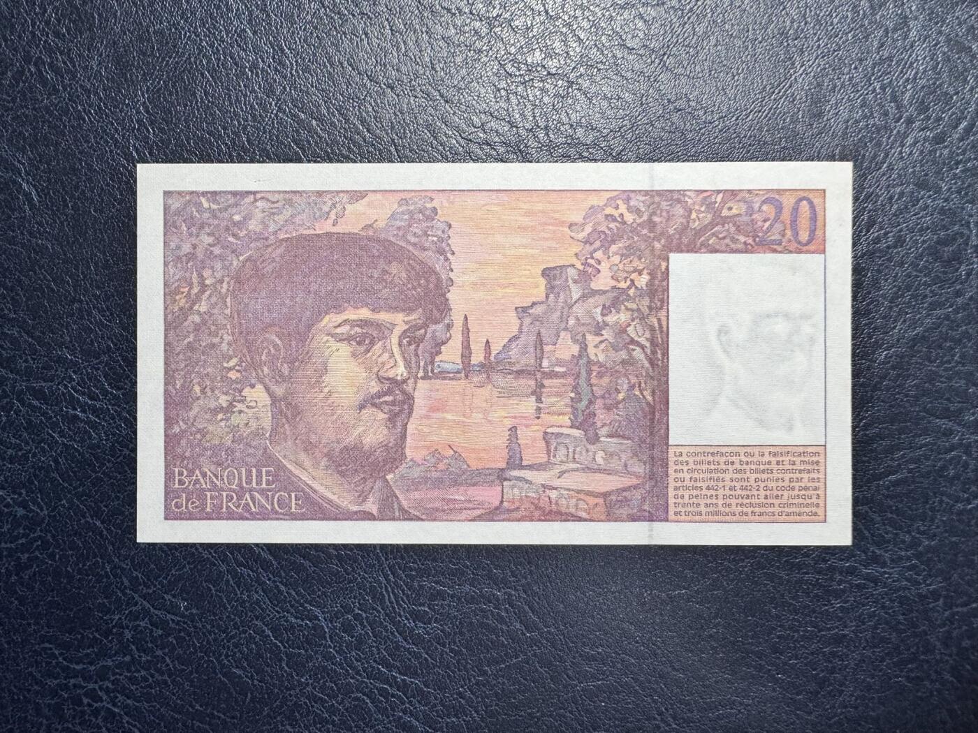 收藏联盟Quantum Auction 第347期拍卖  法国1995年20法郎 品相UNC-  黄斑 细节如图 彪西德
