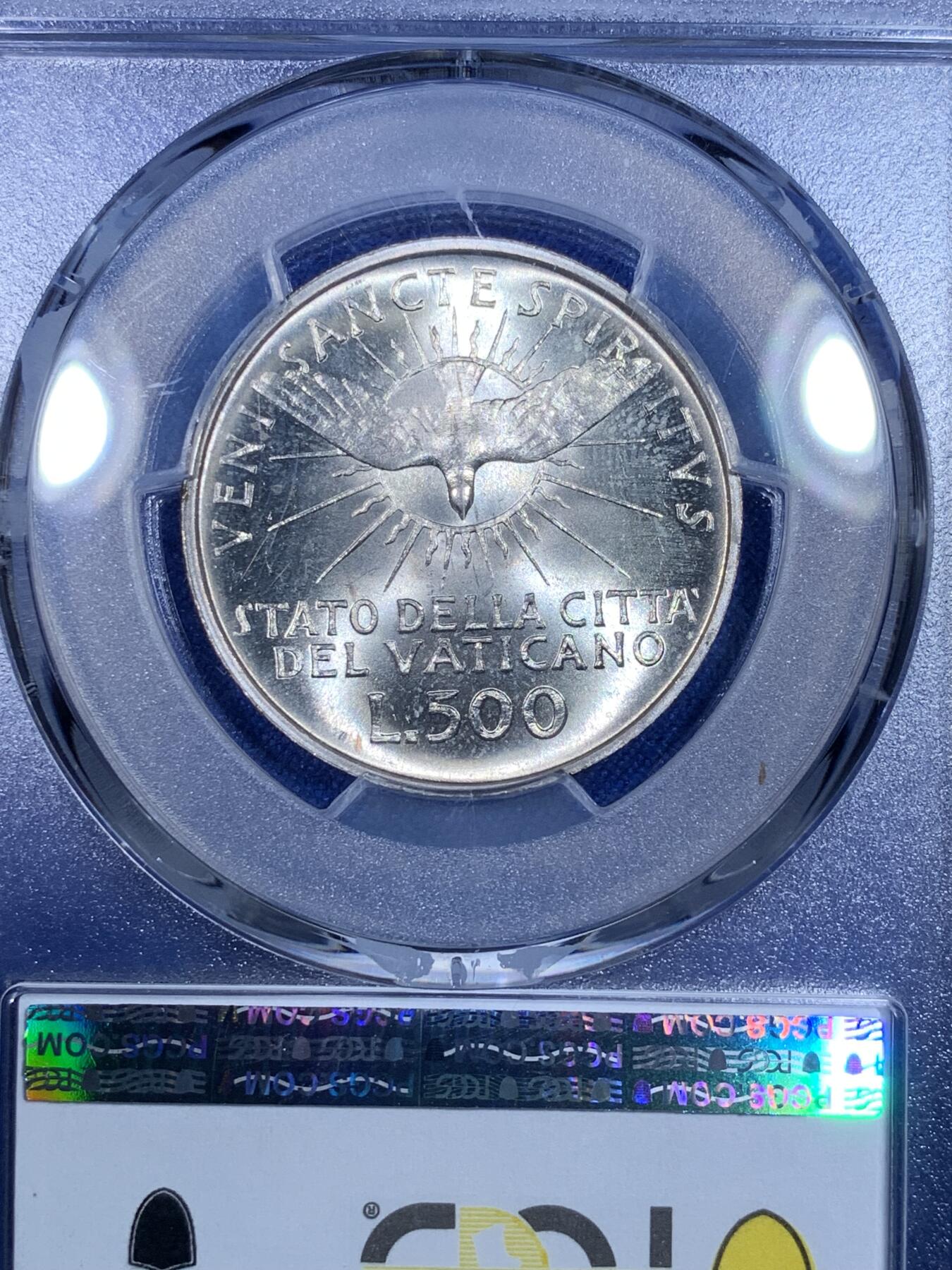 《竞宝斋》第269场- 周日，周一，周二  3场连拍 （全场包邮） PCGS MS67 梵蒂冈1963年缺位500里拉银币 高分亚军分 单面环彩