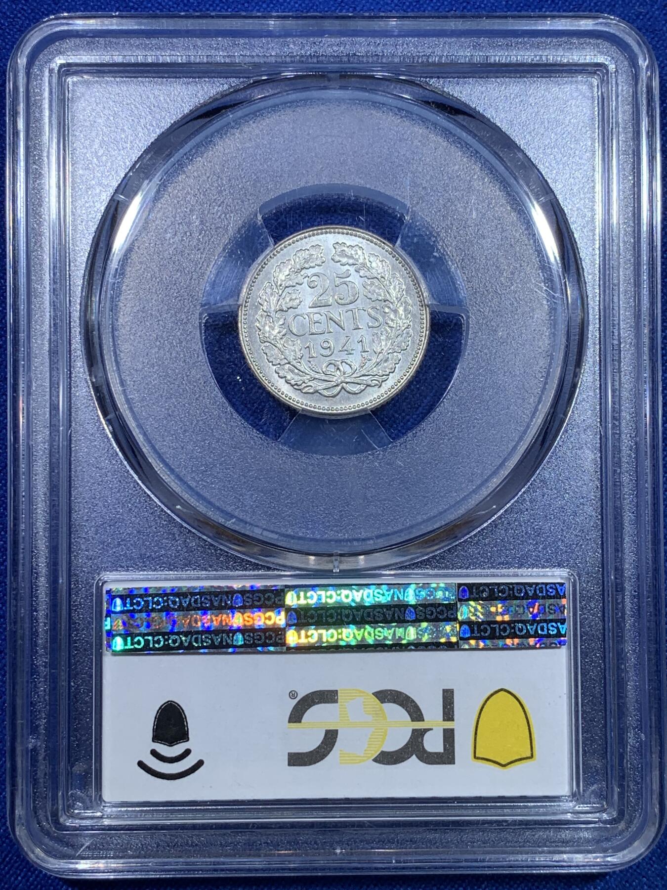 《竞宝斋》第269场- 周日，周一，周二  3场连拍 （全场包邮） PCGS MS63 1941年荷兰威廉明娜25分银币