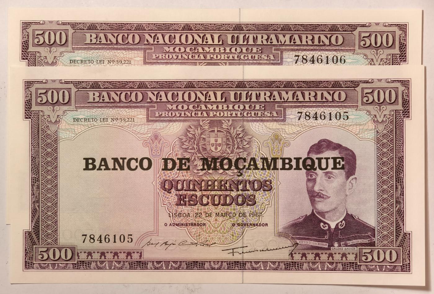 紫瑗钱币——第351期拍卖——纸币场 葡属莫桑比克 1967年 500埃斯库多 加盖 2张一组 UNC