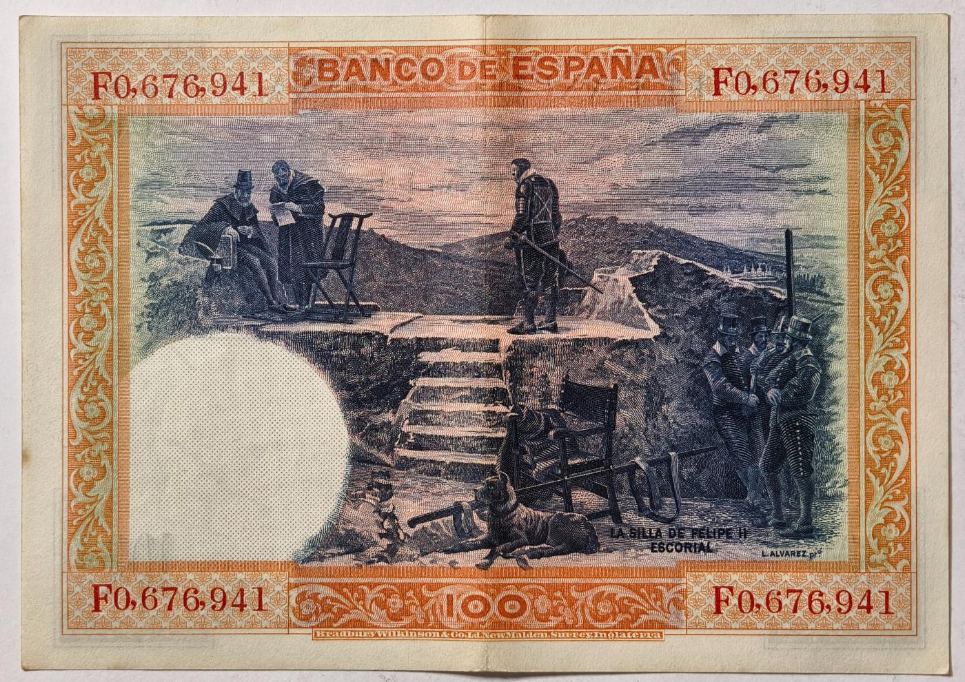 紫瑗钱币——第351期拍卖——纸币场 西班牙 1925年 油画《腓力二世的座椅》 100比塞塔 AU