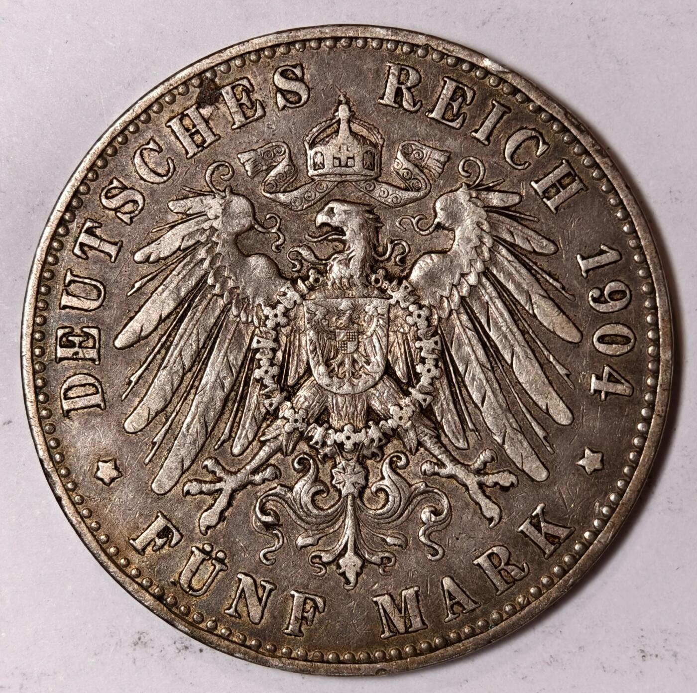 紫瑗钱币——第352期拍卖 德国 普鲁士 1904年 A版 威廉二世 长翅 5马克 27.78克 0.9银 原味包浆