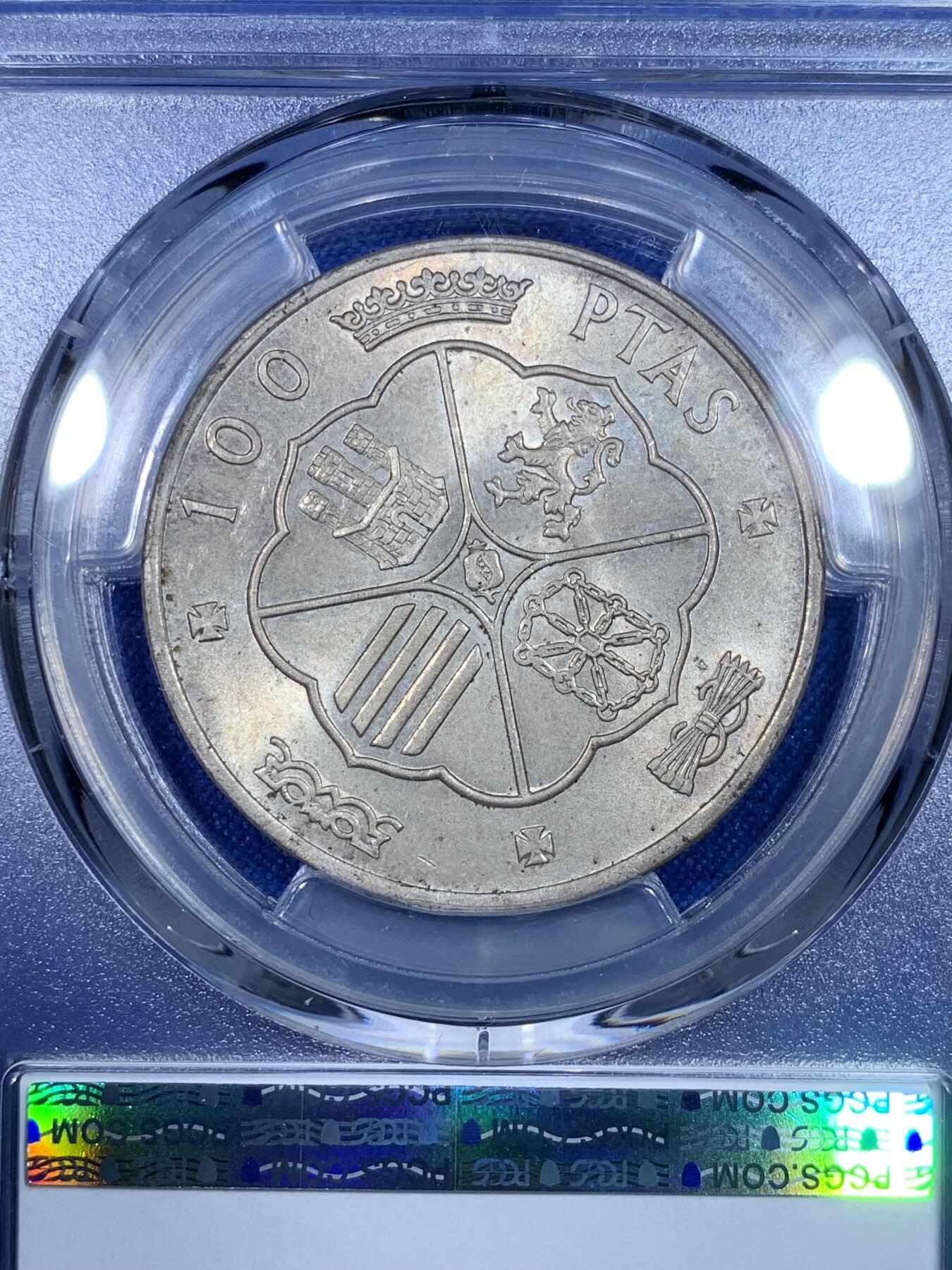 《竞宝斋》第269场- 周日，周一，周二  3场连拍 （全场包邮） PCGS MS64 西班牙1966年独裁者佛朗哥100比塞塔银币